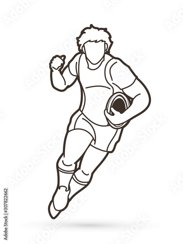 Rugby player action cartoon sport graphic vector.