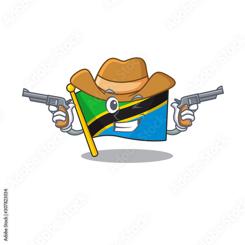 Flag tanzania cartoon character as a Cowboy holding guns