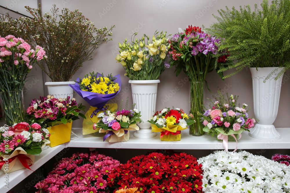 shelf with flowers in a flower shop