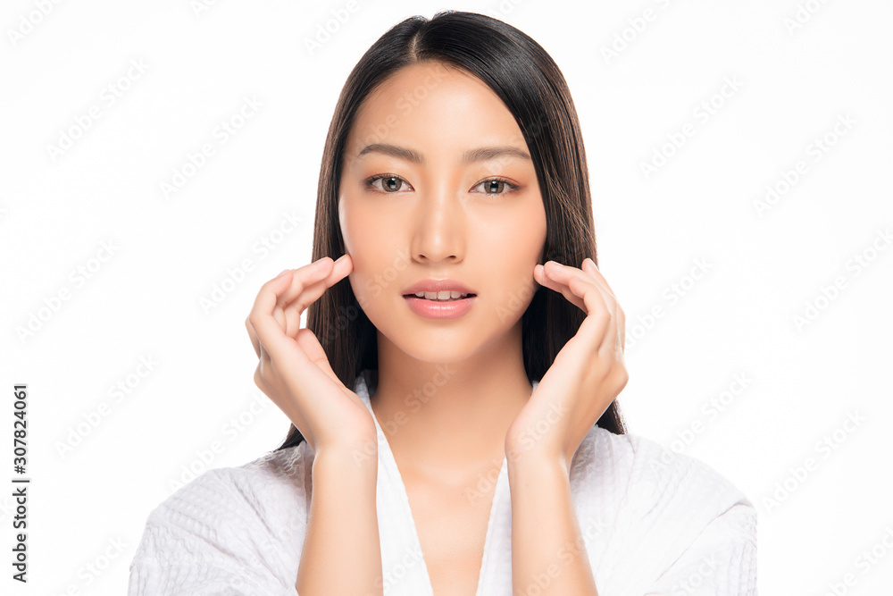 Beautiful Young Asian Woman with Clean Fresh Skin. Face care, Facial treatment, on white background, Beauty and Cosmetics Concept. Beautiful Young Asian Woman with Clean Fresh Skin. Face care, Facial treatment, on white background, Beauty and Cosmetics Concept.