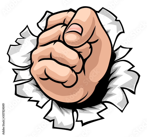 A hand in a fist punching through the background cartoon illustration