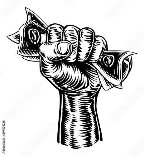 A fist hand holding money in the form of cash paper dollar bills in a vintage intaglio woodcut engraved or retro propaganda style
