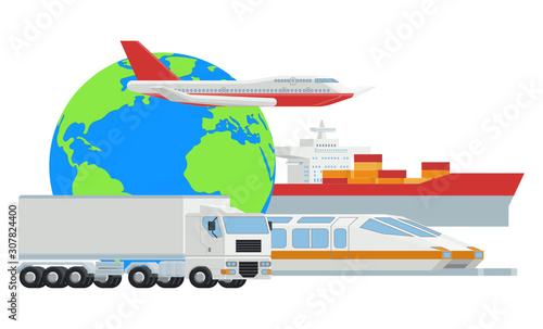 A logistic transport freight concept with truck, airplane, cargo ship and train in front of a world planet earth globe