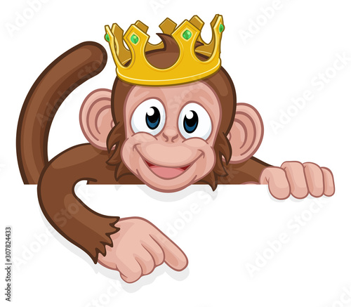 A monkey king cartoon character animal wearing a crown peeking over a sign and pointing at it