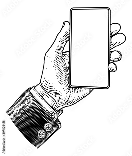 A hand holding a mobile phone in a business suit in a vintage old woodcut etching style