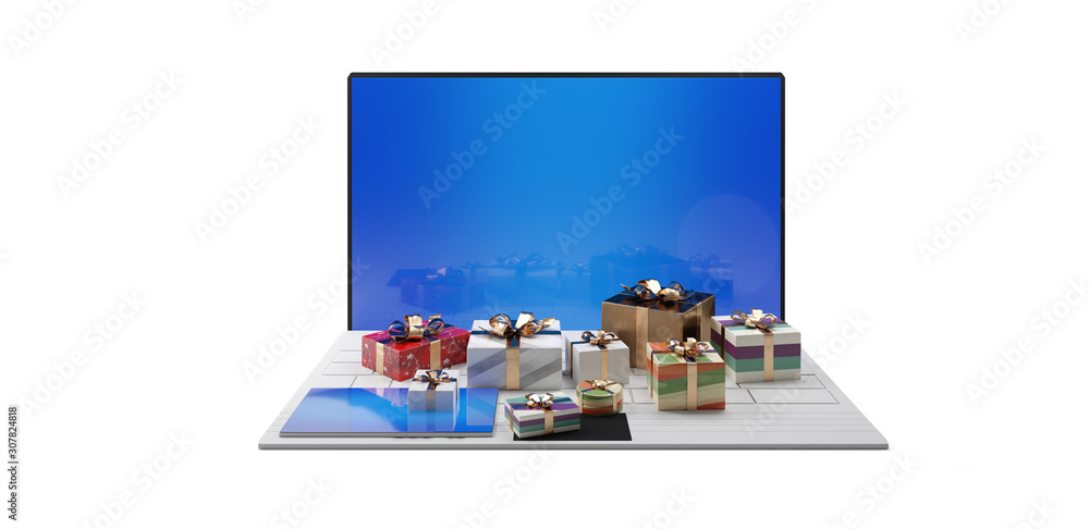 online shopping concept. computer and christmas gifts 3d-illustration