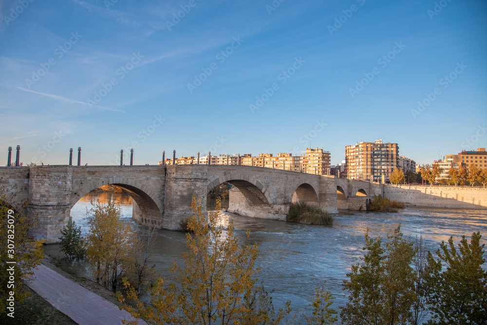 Zaragoza November 29, 2019, River Ebro as it passes through the city of Zaragoza