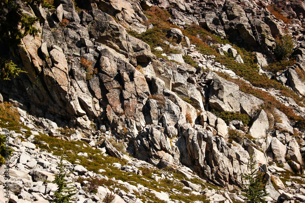 Close up of rock work at Lassen Volcanic National Park. Rough terrain detail.