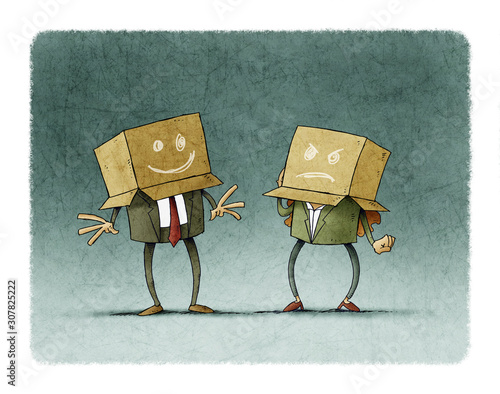 work team with boxes on the head with different expressions
