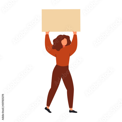 A young activist holds a poster in her hands.  A protesting woman holds a placard above her head. Girl power and the vector concept of feminism and human rights