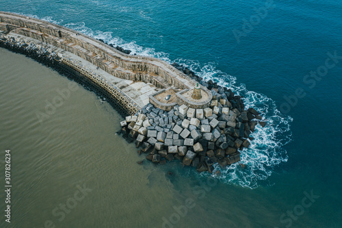 Concrete block cubes seawall and breakwater in Zumaia, Basque Country