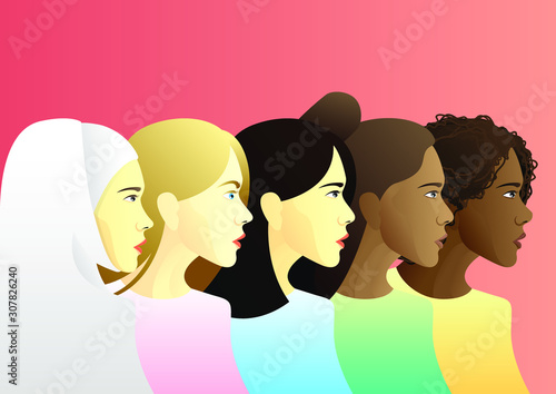 stock vector multi ethnic beauty. different ethnicity women: african, asian, chinese, european, latin american, arab. describe the struggle for rights, independence, and equality.