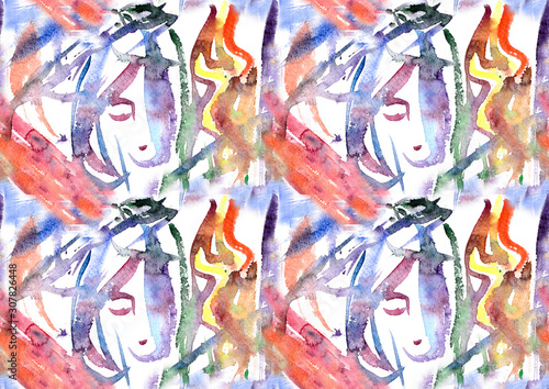 abstract watercolor drawing female face and background pattern