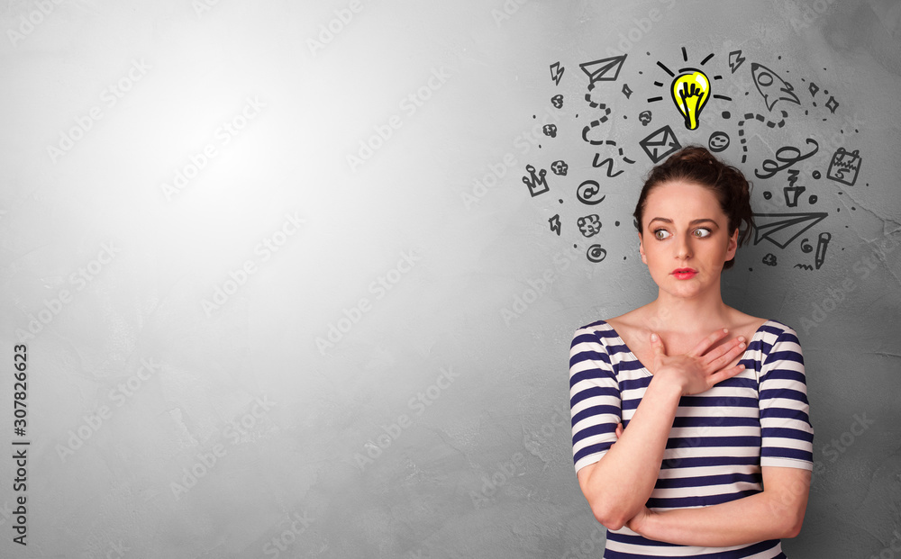 Business person looking for new idea with grey copy space Business person looking for new idea with grey copy space