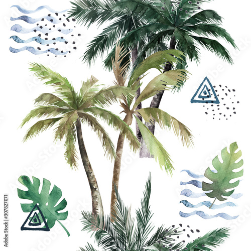 Abstract tropical pattern with  palm trees. Watercolor seamless print. Jungle...
