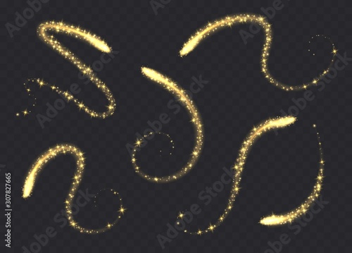 Magic swirls collection isolated on transparent background. Golden light trails with sparkles, glowing light effect, yellow shiny stardust. Vector illustration.