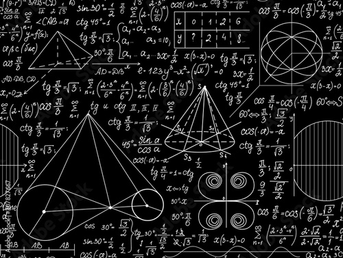 Math vector seamless pattern with handwritten formulas, functions and equations. Scientific endless texture