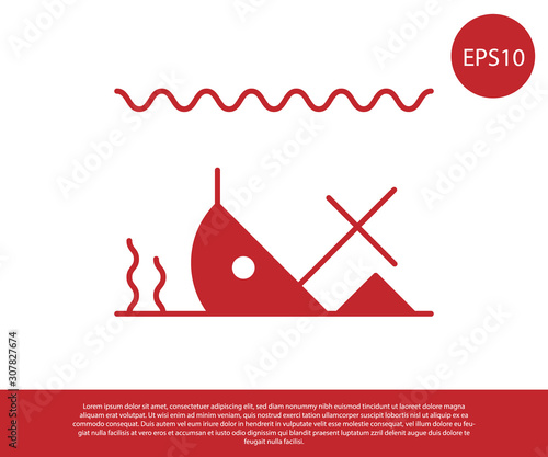 Red Sunken ship at the bottom of the sea icon isolated on white background.  Vector Illustration