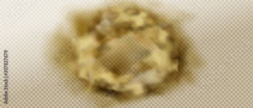 Smoke circle, round dust cloud, brown heavy smog steam with motes, sand and soil particles isolated on transparent background. Cigarette vapor design element Realistic 3d vector illustration, clip art