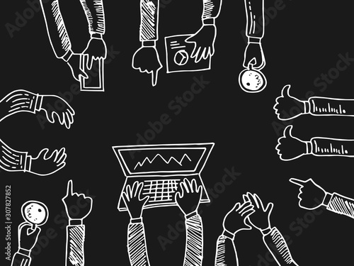 doodle people hands sketch. Business meeting concept. view on top. vector illustration