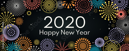 Vector illustration with bright colorful fireworks on a dark, black background, text 2020 Happy New Year. Flat style design. Concept for holiday celebration, greeting card, poster, banner, flyer.