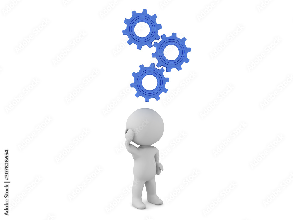 3D Character with gears turning above his head 3D Character with gears turning above his head