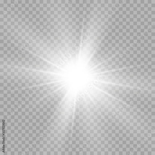  White beautiful light explodes in a transparent explosion. Vector, bright illustration for the perfect effect with sparkles. Bright Star. Transparent glitter shine gradient, bright flash.