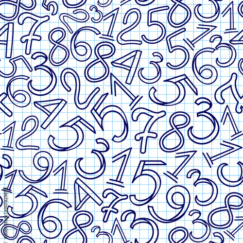 Math vector seamless pattern with handwritten numerals, copybook grid paper effect