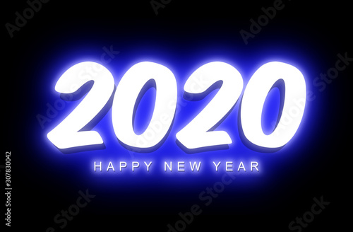 illustration of a happy new year 2020 white text on a black background with a blue light effect such as night neon lighting