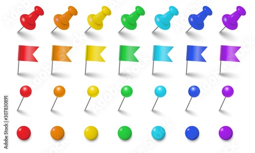 Office accessorize colorful vector set. Realistic pin, flag, pushpin, magnet