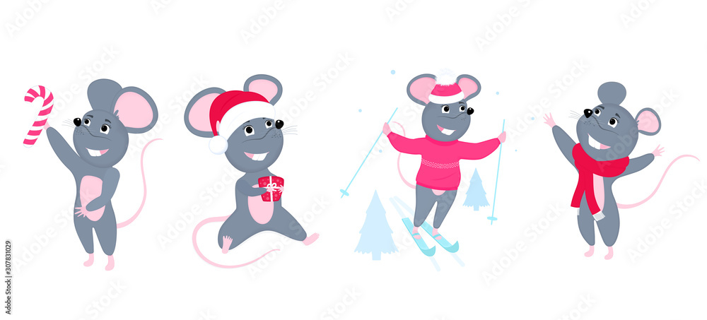 Fototapeta premium A set of mice. Little mouse. Rats with candy, skiing, wearing a Santa hat