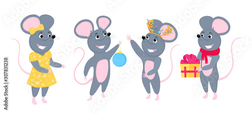 A set of mice. Little mouse with gift. Rats cartoon characters