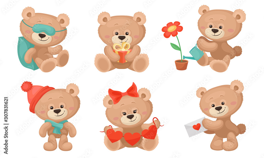 Cute Teddy Bear Collection, Sweet Animal Cartoon Character in Different Situations Vector Illustration
