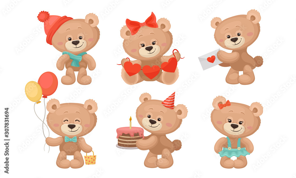 Cute Teddy Bear Collection, Adorable Animal Cartoon Character in Different Situations Vector Illustration