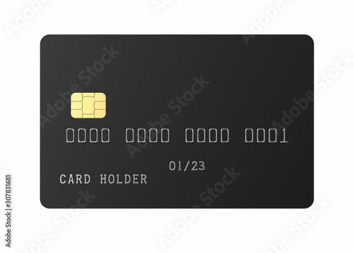 Black Empty Credit Card with Semi-Matt Satin Surface. Realistic 3D Mockup Isolated on White Background Close-Up.