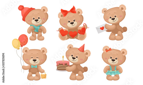 Fototapeta Naklejka Na Ścianę i Meble -  Cute Teddy Bear Collection, Adorable Animal Cartoon Character in Different Situations Vector Illustration