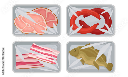 Meat and Fish Packed in Boxes Under Vacuum Food Packaging Film for Keeping Safe Vector Set
