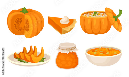 Pumpkin Sweet Dishes Vector Set. Homemade Autumn Desserts Collection