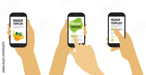 Isolated design templates of hands holding smartphone. Vector illustration using mobile devices or app, touch screen and push button. Set of mockups of different hand poses with black cellular phones.