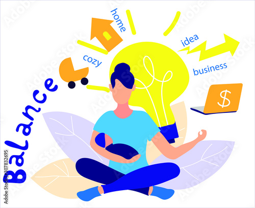 A woman sits on maternity leave and works at home. The concept of a balance between comfort in home and business.  Strong independent feminism business woman