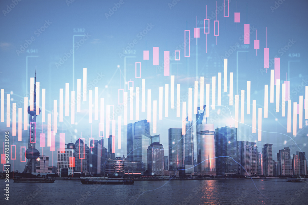 Forex graph on city view with skyscrapers background double exposure. Financial analysis concept.