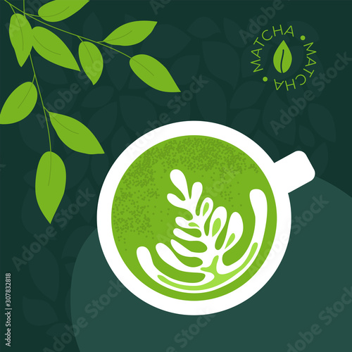 Cup of drink matcha latte. Vector illustration of healthy Japanese beverage made from green ground powder. Branches of tea plant with leaves. Logo with macha leaf. Background for menu, poster, flyer.