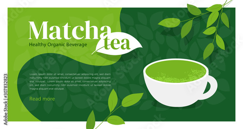 Cup of healthy organic beverage matcha tea. Illustration of Japanese drink made from green powder. Branches of tea plant with leaves. Macha logo design. Background, template for menu, web page, flyer
