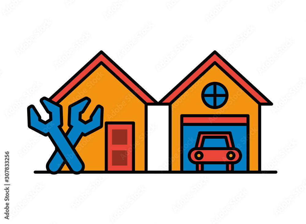 house and garage front facades with tools house and garage front facades with tools
