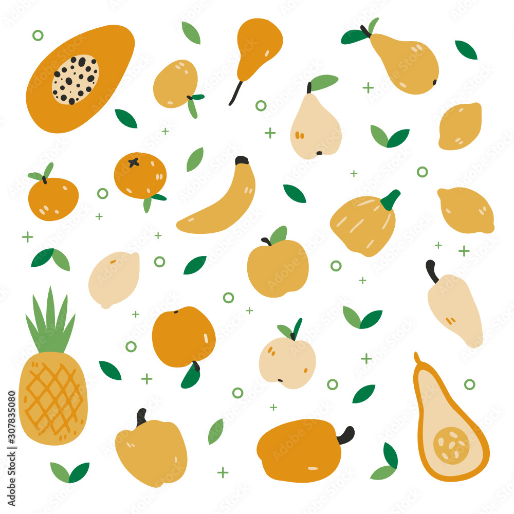 Big set with hand drawn colorful doodle fruit and vegetables. Cute style vector collection: orange, pear, apple, pepper, lemon, pineapple. Flat icons. Vegetarian healthy food. Vegan, farm, organic Big set with hand drawn colorful doodle fruit and vegetables. Cute style vector collection: orange, pear, apple, pepper, lemon, pineapple. Flat icons. Vegetarian healthy food. Vegan, farm, organic