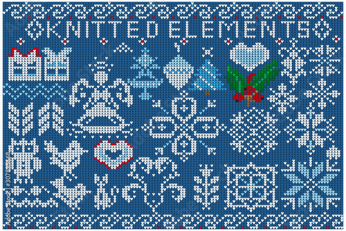 Set of Christmas knitted elements and decorations. Knitted snowflakes, decorations, birds and ornaments on blue background.