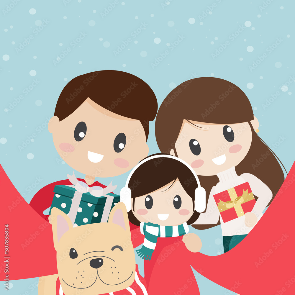 cute family and french bulldog puppy taking selfie on Christmas boxing day eps10 vectors illustration cute family and french bulldog puppy taking selfie on Christmas boxing day eps10 vectors illustration