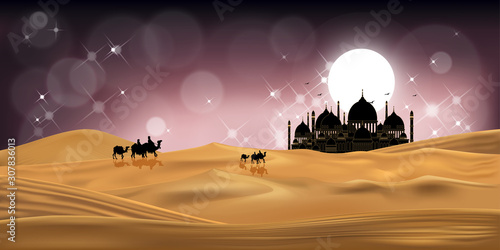Vector illustration group of Arab people with camels caravan riding in realistic desert sands, Caravan Muslim ride camel to mosque, Background for Ramadan Kareem