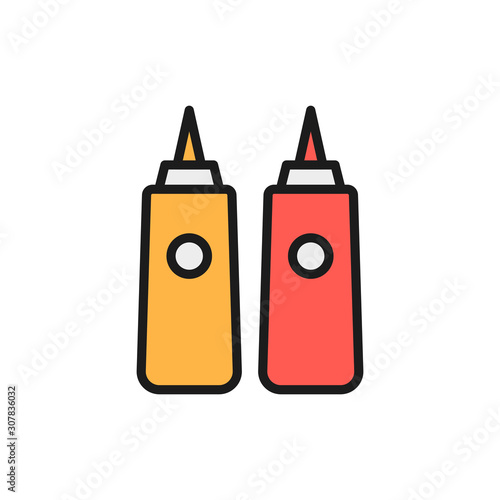 Sauces in bottles, ketchup, mustard, mayonnaise flat color line icon.