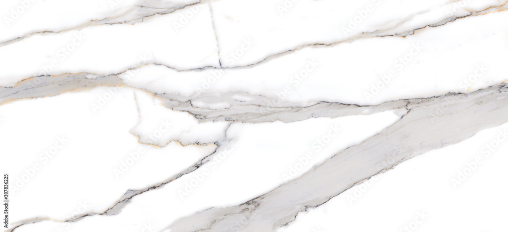 White marble texture background with grey-golden curly veins, carrara